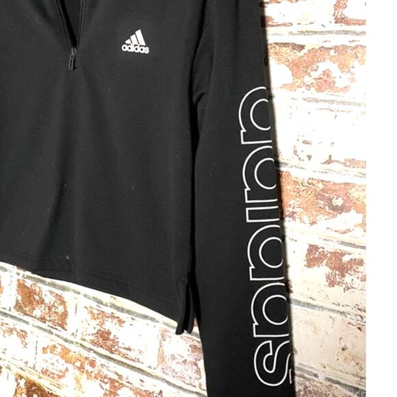 Adidas Essential Sleeve Logo Print Fleece Cropped 1/4-Zip Pullover Sweatshirt - Picture 4 of 8